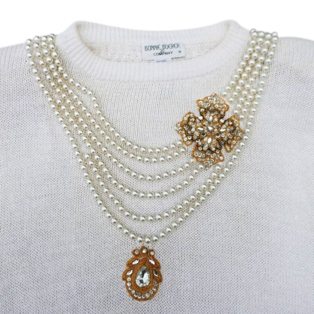 Vintage 80s Gaudy Ugly Pretty Sweater Jewels Knit Speckles Pearls Jewels M